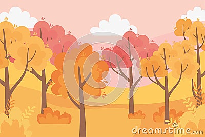 Leaves forest autumn panorama nature trees sky scene Vector Illustration