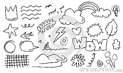 leaves, hearts, abstract, clouds, arrows and other elements in hand drawn styles for concept designs. Doodle illustration. Vector Vector Illustration