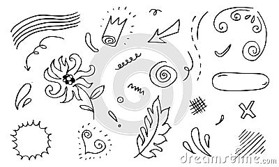 Leaves, hearts, abstract, ribbons, arrows and other elements in hand drawn styles for concept designs. Doodle illustration. Vector Vector Illustration