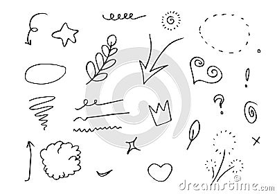 Leaves, hearts, abstract, ribbons, arrows and other elements in hand drawn styles for concept designs. Doodle illustration. Vector Vector Illustration