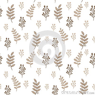 Leaves and herbs seamless vector pattern. Sweet botanic background in colors of beige and white Vector Illustration