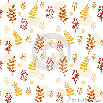 Leaves and herbs seamless vector pattern. Sweet botanic background in colors of red and orange Vector Illustration