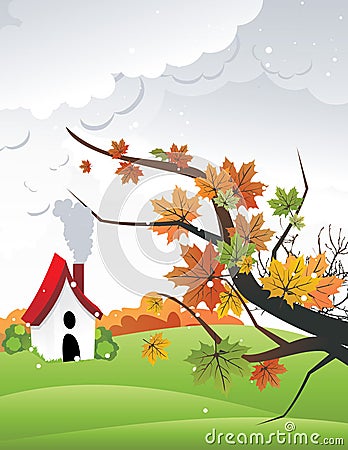 Leaves with a house in the landscape behind Vector Illustration