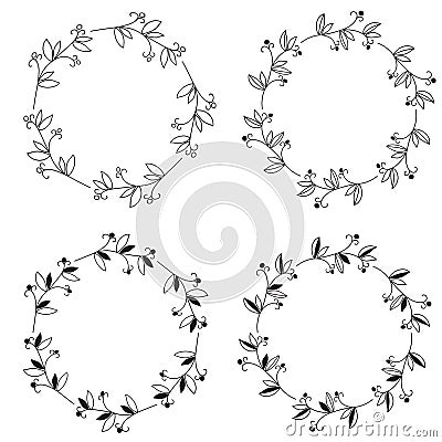 Wreaths of leaves and twigs. Set of black and white vector round floral frames. Vector Illustration