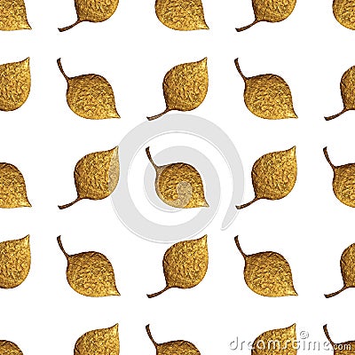 Leaves pattern. Gold hand painted seamless background. Abstract leaf golden illustration. Cartoon Illustration