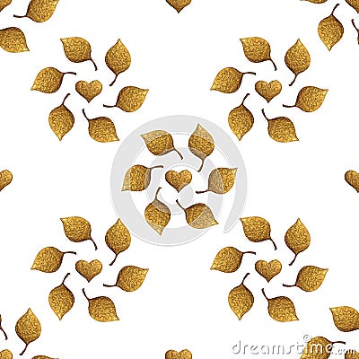 Leaves pattern. Gold hand painted seamless background. Abstract leaf golden illustration. Cartoon Illustration