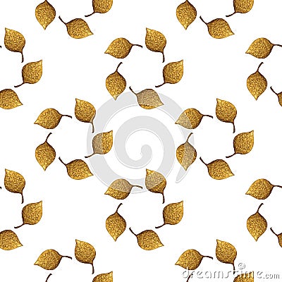 Leaves pattern. Gold hand painted seamless background. Abstract leaf golden illustration. Cartoon Illustration