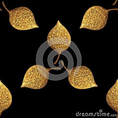 Leaves pattern. Gold hand painted seamless background. Abstract leaf golden illustration. Cartoon Illustration