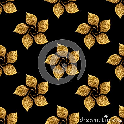 Leaves pattern. Gold hand painted seamless background. Abstract leaf golden illustration. Cartoon Illustration