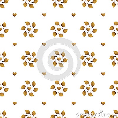 Leaves pattern. Gold hand painted seamless background. Abstract leaf golden illustration. Cartoon Illustration