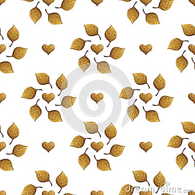 Leaves pattern. Gold hand painted seamless background. Abstract leaf golden illustration. Cartoon Illustration