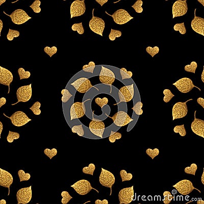 Leaves pattern and hearts ornament. Gold hand painted seamless background. Abstract leaf golden illustration. Cartoon Illustration