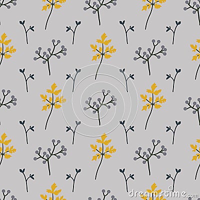 Leaves and plants seamless pattern. Hand-drawn plants on a grey background, vector illustration Cartoon Illustration