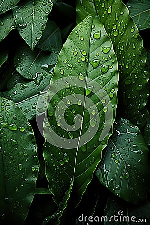 Leaves with water droplets create a captivating background that epitomizes the beauty of nature on a rainy day. Stock Photo