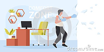 Leaving comfort zone, man in boxing gloves breaking wall to overcome fear of changes Vector Illustration