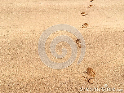 Leaving footprint on the sand. Close-up footprint from foot step walking on the sandy beach with copy space. Stock Photo