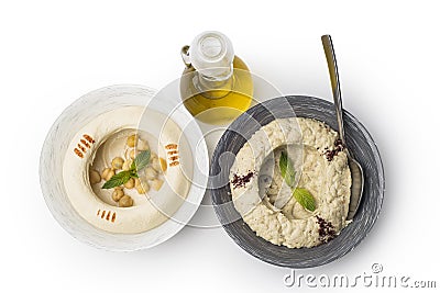 Lebanese food of Hummus and Moutabbal cooked eggplant with olives oil Stock Photo