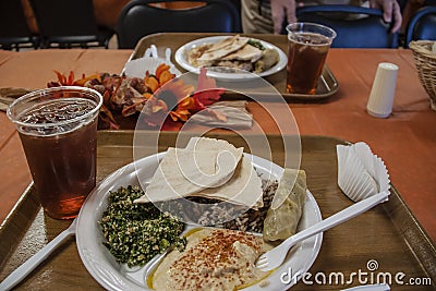 Lebanese food served on a plastic plate and tray - tabbouleh and hummus and rice and cabbage roll - shallow focus Stock Photo