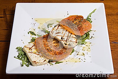 Lebanese food starter labneh slices topped Stock Photo