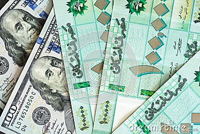 Lebanese pounds and US dollars bills, currency Stock Photo