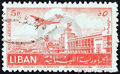 LEBANON - CIRCA 1952: A stamp printed in Lebanon shows Beirut Airport, circa 1952. Editorial Stock Photo