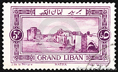 LEBANON - CIRCA 1925: A stamp printed in Lebanon shows Sea Castle, Sidon, circa 1925. Editorial Stock Photo