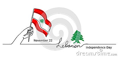 Lebanon, Lebanese Independence Day vector background. One line drawing concept with hand, flag, cedar tree Vector Illustration