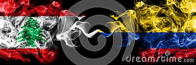 Lebanon vs Colombia, Colombian smoky mystic flags placed side by side. Thick colored silky abstract smoke flags Stock Photo