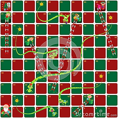 Snakes and Ladders Game Christmas version. Vector Illustration