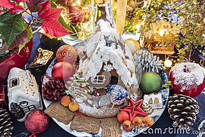 Hansel and Gretel gingerbread house with Christmas decoration a Stock Photo