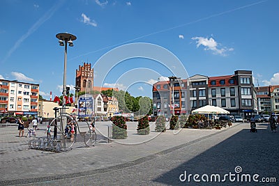 Lebork, Pomeranian Voivodeship / Poland - June 6, 2019: The newly renovated market of a small town in Pomerania. Historic Editorial Stock Photo