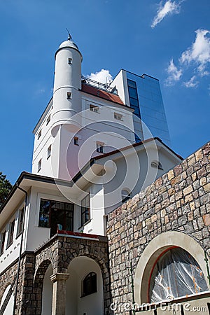 Lebork, Pomeranian Voivodeship / Poland - June 6, 2019: Renovated antique water tower in a small town. An old building supplying Editorial Stock Photo