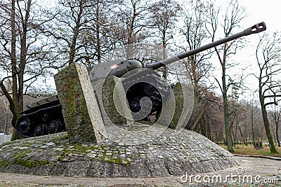 Lebork, pomorskie / Poland â€“ November, 21, 2019: Monument dedicated to tankers from World War II. Memorial IS2 tank in Central Editorial Stock Photo
