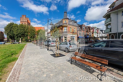 Lebork, Pomorskie / Poland - September, 09, 2020: Historic streets in the old town of Central Europe. Renovated tenement houses in Editorial Stock Photo
