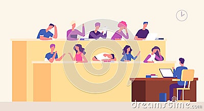 Lecture hall. Students lecturer in lecture room learning young people studying in auditorium. Business coaching seminar Vector Illustration