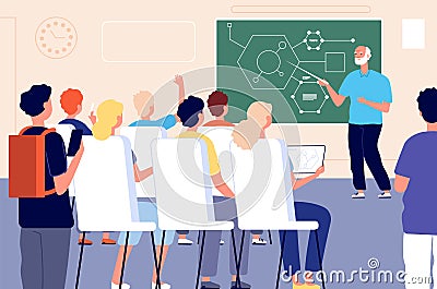 Lecture. Student class, education training lesson. Teacher presentation or educational seminar. Male professor people Vector Illustration