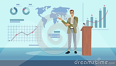 Lecturer speaking on modern stage, graph charts Vector Illustration