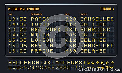 Led airport board. Departure table, information screen and airline terminal digital font vector set Vector Illustration