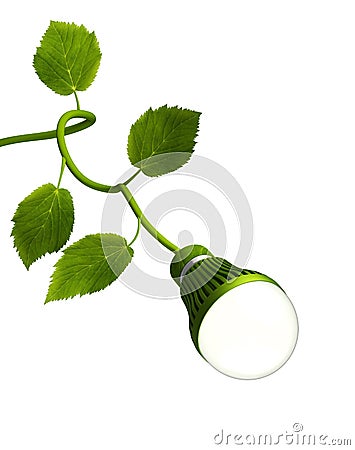 Led Bulb with Green Stem and Leaves Cartoon Illustration