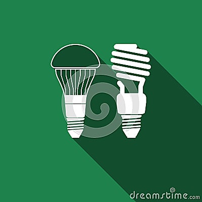 LED bulbs and fluorescent light bulb icon with long shadow. Vector Illustration