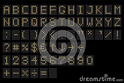 Led digital alphabet. Electronic number and alphabet digital display, letters and symbols. Digital terminal table led font, with g Vector Illustration