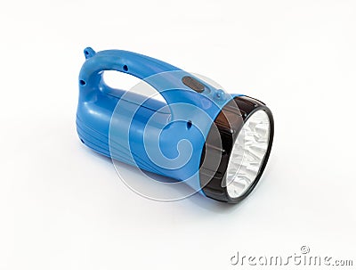 LED Flashlight with blue plastic case on a white background Stock Photo