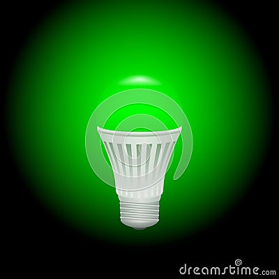 LED green economical light bulb glowing on a dark background. Vector Illustration