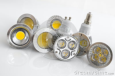 LED GU10 and E14 with different chips, coolers and optics Stock Photo