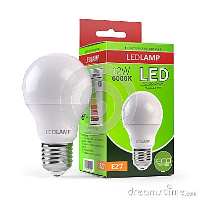 Led lamp with package box isolated on white. Energy efficient light bulb Cartoon Illustration