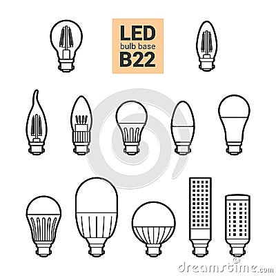 LED light B22 bulbs vector outline icon set Vector Illustration