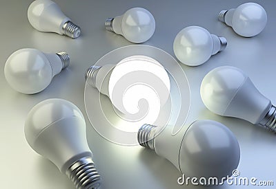 LED Light bulbs are scattered on the surface and one bulb shining. The concept of individuality and leadership. Cartoon Illustration