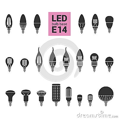 LED light E14 bulbs vector silhouette icon set Vector Illustration