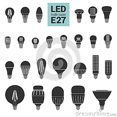 LED light E27 bulbs vector silhouette icon set Vector Illustration