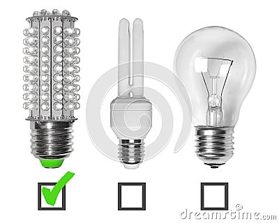 Led, neon and tungsten bulbs Stock Photo